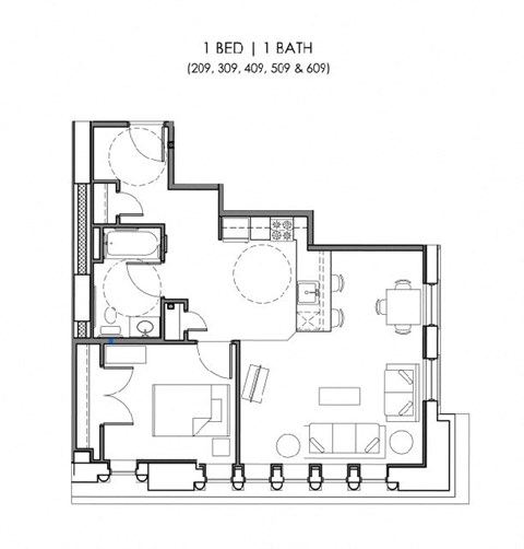Floor plan for 1 bed, 1 bath, 617 sqft